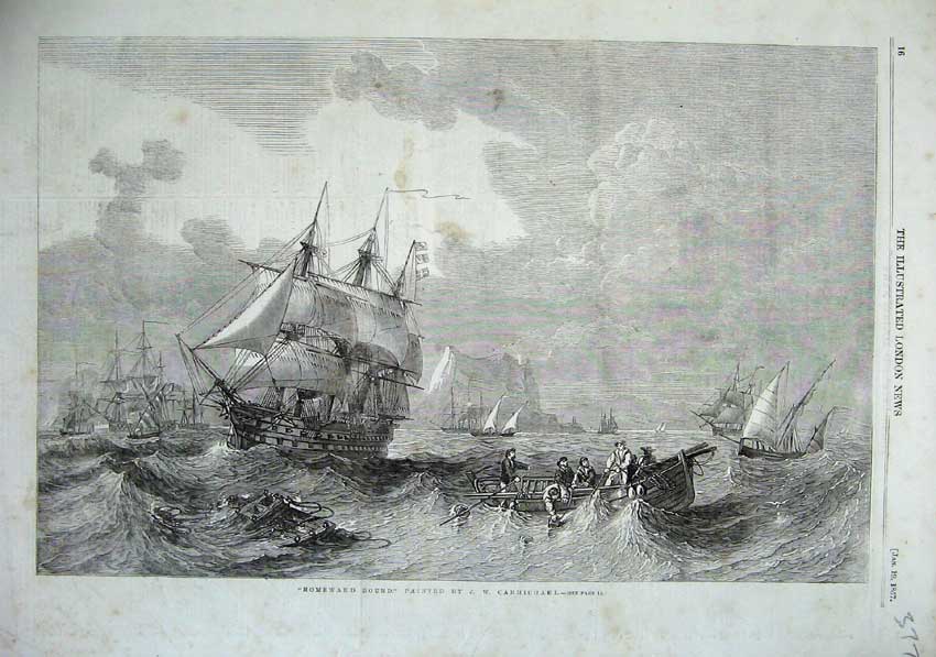 Original Old Antique Print 1857 Sailing Ships Stormy Sea Men Boat Carmichael