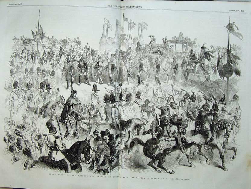 Old Antique Print 1857 Entry Emperor Empress Austria Pesth Horse Siers 19th