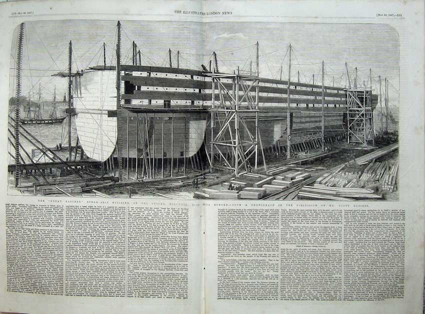 Old Antique Print 1857 Great Eastern Steam Ship Buidling Stocks Millwall 19th