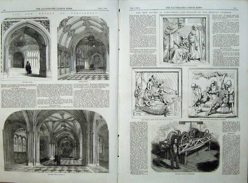 Old Antique Print 1857 Houses Parliament Perrs Porch Clock Westminster 19th