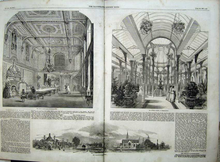 Original Old Antique Print Winter Garden Somerleyton 1857 Village Dining Hall