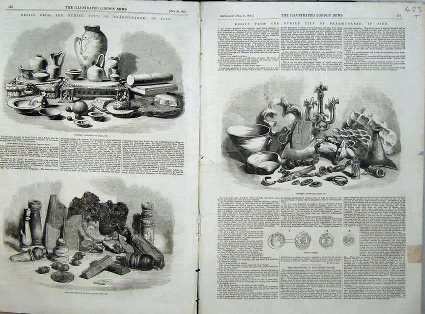 Old Antique Print Pottery Ironworks Sindian Coins 1857 Brahmunabad Sind 19th