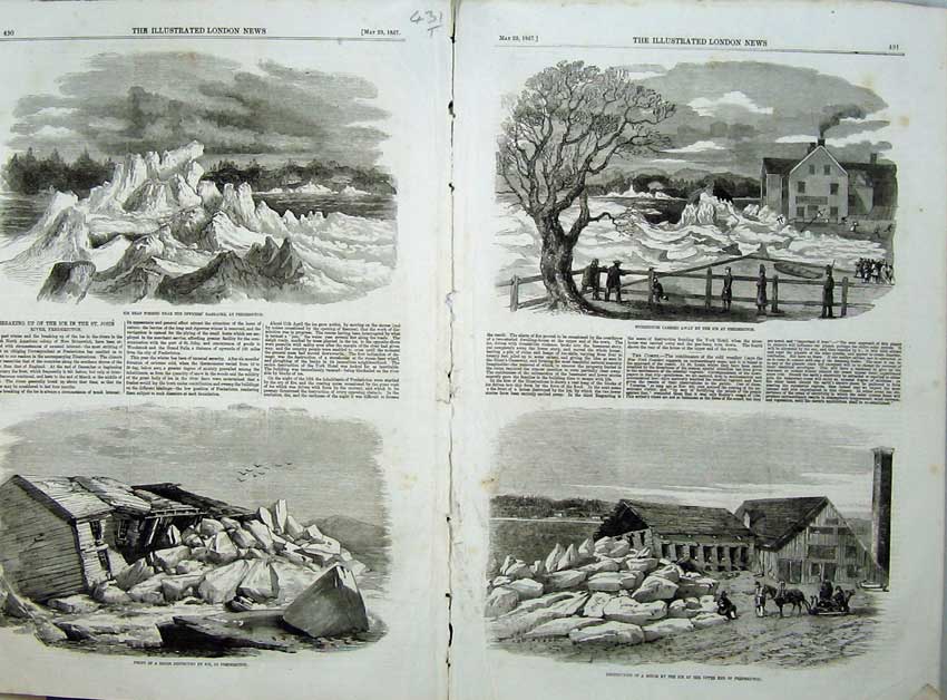 Old Antique Print Ice Officers Barracks Fredericton House Horse Sledge