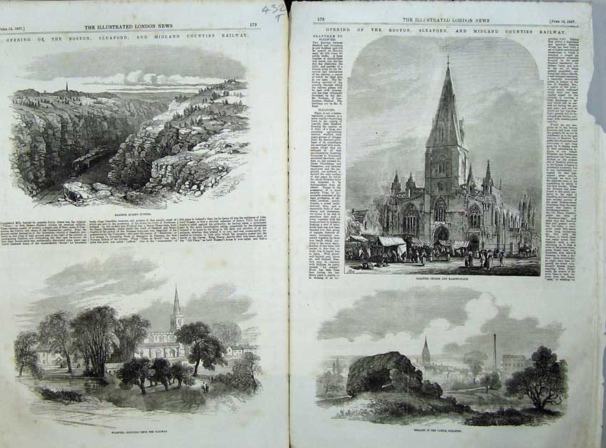 Old Antique Print Boston Wilsford Railway 1857 Hanbeck Quarry Sealford 19th
