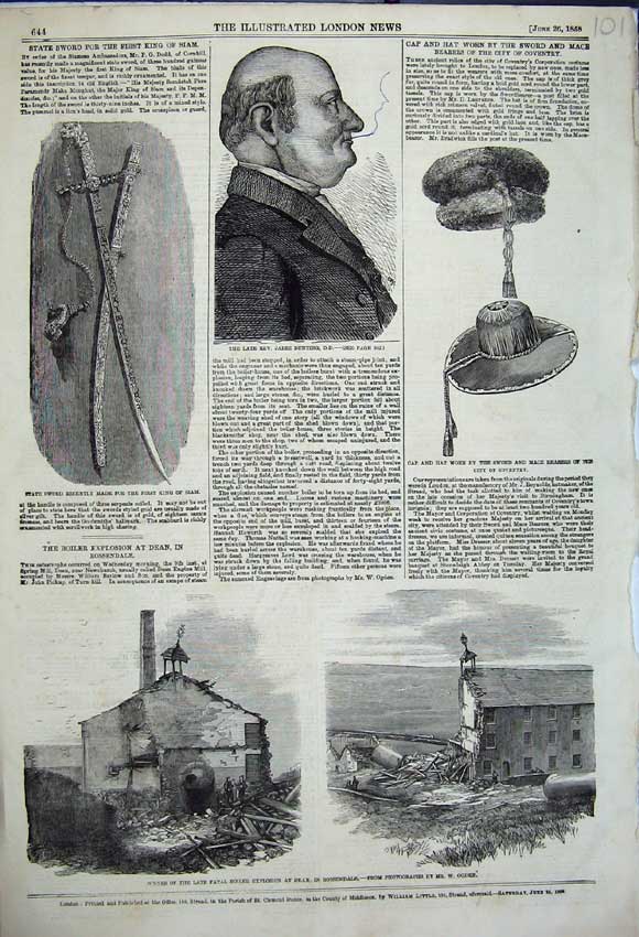 Old Antique Print State Sword King Siam Rev Bunting Blast Rossendale 1858 19th