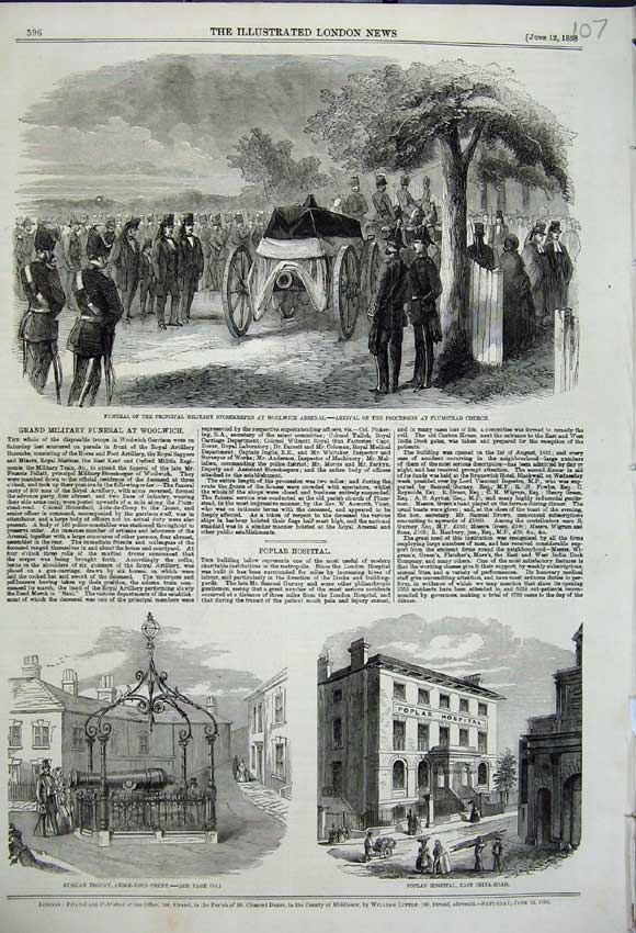 Original Old Antique Print Military Funeral Woolwich Poplar Hospital 1858 19th