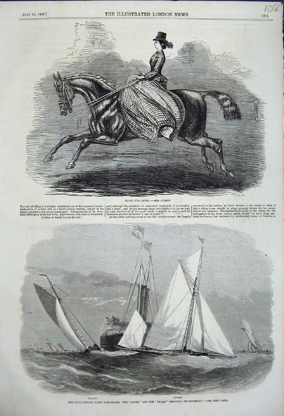 Old Antique Print Miss Gilbert Lady Horse Rider Zillah Gnome Yachts 1858 19th