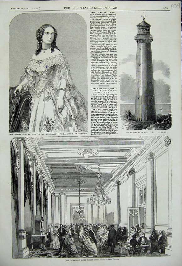 Original Old Antique Print Mrs Charles Young Actress 1858 Italian Opera House .