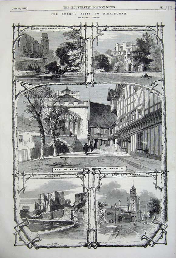 Original Old Antique Print Birmingham Kenilworth Warwick Caesers Tower 1858