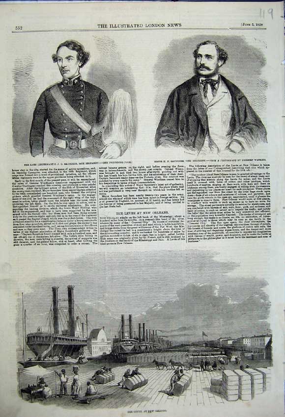 Original Old Antique Print Lieutenant Major Saunders Levee New Orleans 1858