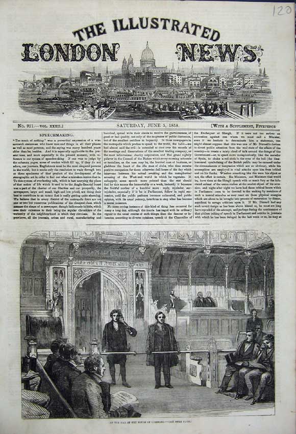 Original Old Antique Print Two Men Bar Inside House Commons 1858 19th