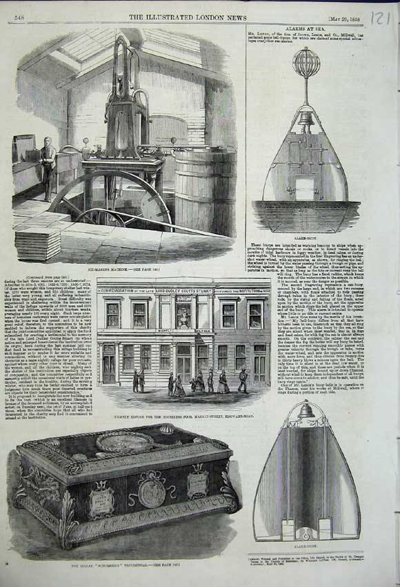 Original Old Antique Print Ice Making Machine Alarm Buoy Millar Schomberg 1858