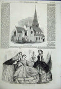 Original Old Antique Print St Marks Church Wrexham 1858 Paris Fashion June 19th