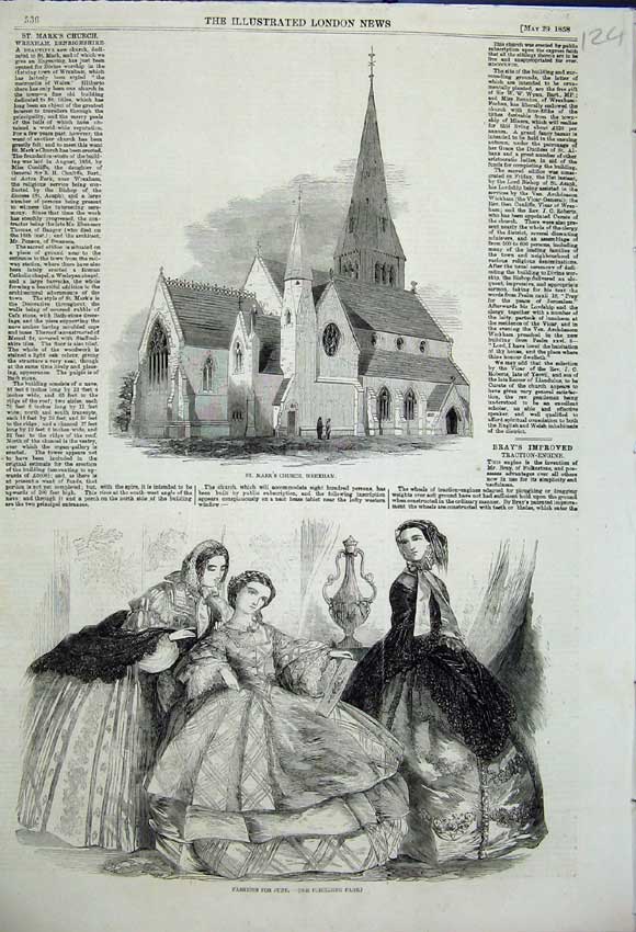 Original Old Antique Print St Marks Church Wrexham 1858 Paris Fashion June 19th