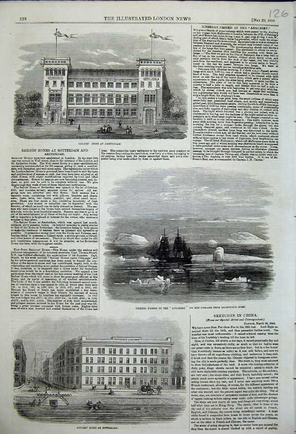 Original Old Antique Print Sailors Home Rotterdam Iceberg Anglesey Ship 1858
