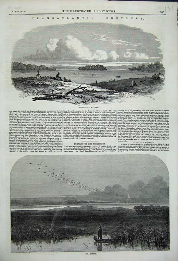 Original Old Antique Print Sandy Lake Minnesota Iowa Prairie Mississippi 1858