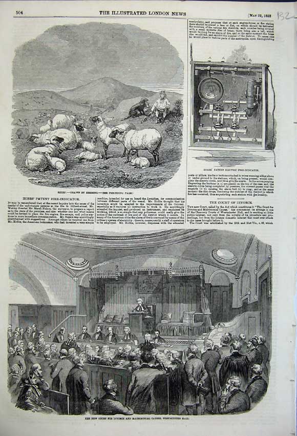 Old Antique Print Hobbs Patent Fire Indicator Scene Divorce Courts 1858 19th