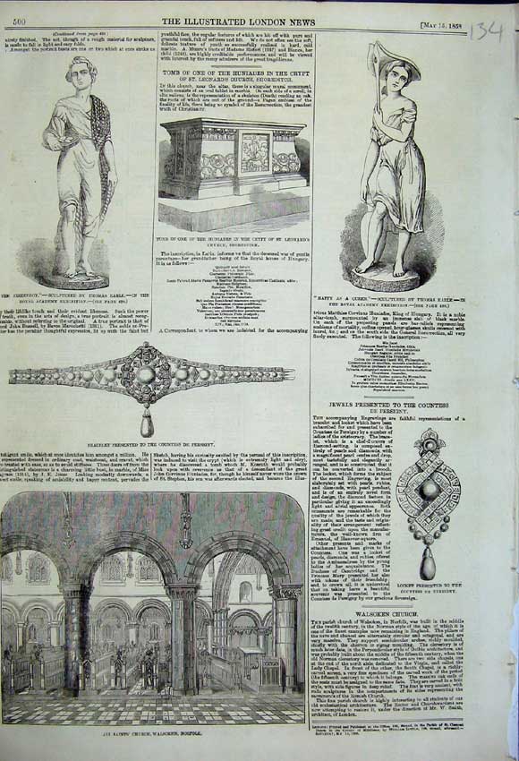 Original Old Antique Print Walsoken Church Huniades Crypt Jewels Countess 1858