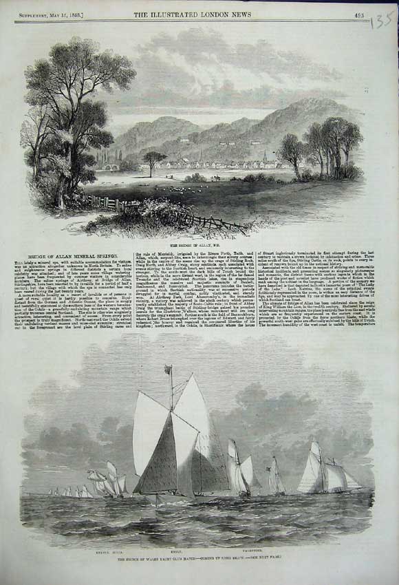 Original Old Antique Print Scene Bridge Allan Mineral Springs Scotland 1858