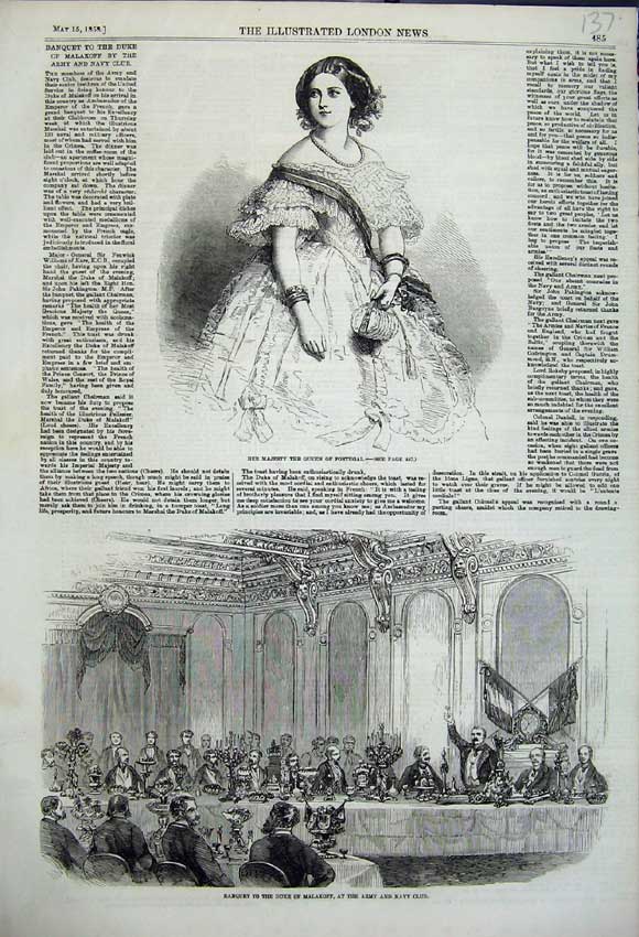Original Old Antique Print Queen Portugal Duke Malakoff Amry Navy Club 1858