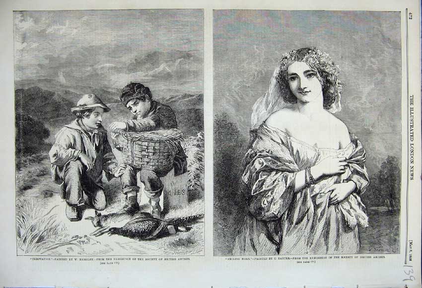 Original Old Antique Print Temptation Hemsley Smiling Morn Baxter Fine Art 1858