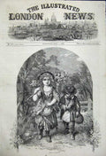 Old Antique Print 1858 May Little Girl Boy Gathering Flowers From Meadow 19th