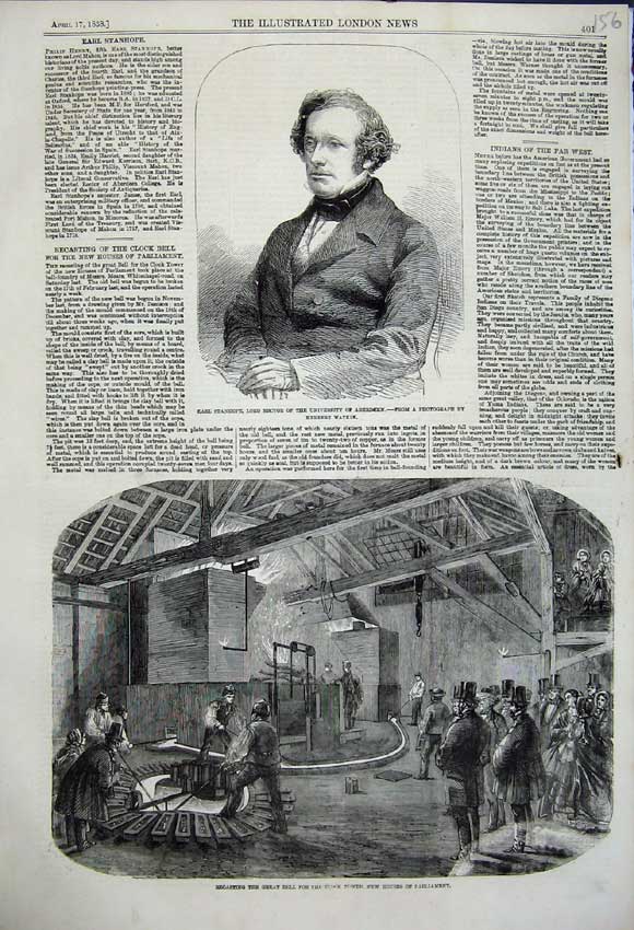 Original Old Antique Print Earl Stanhope Aberdeen 1858 Recasting Big Ben Bell