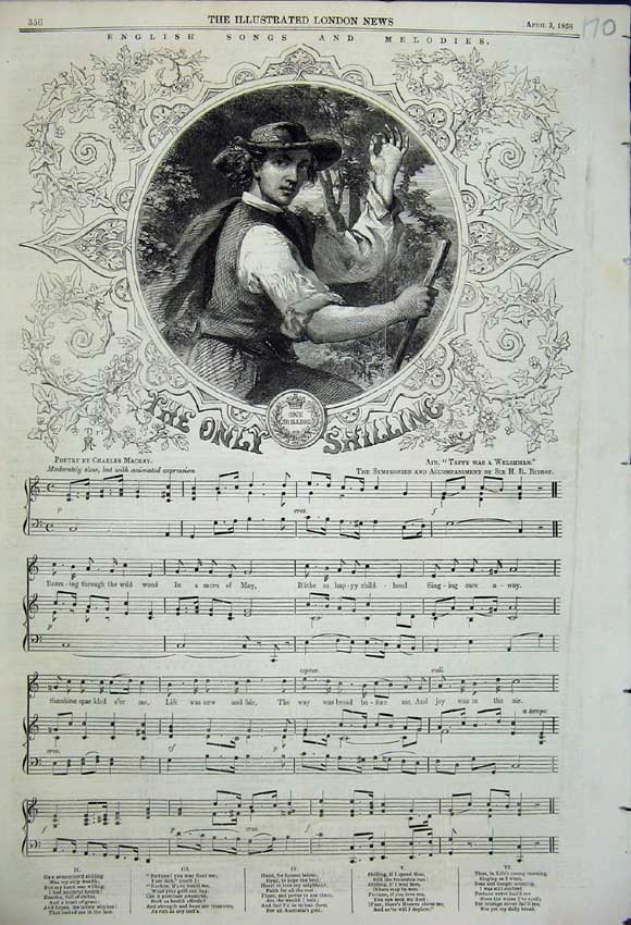 Old Antique Print 1858 English Songs The Only Shilling Song Sheet Score 19th