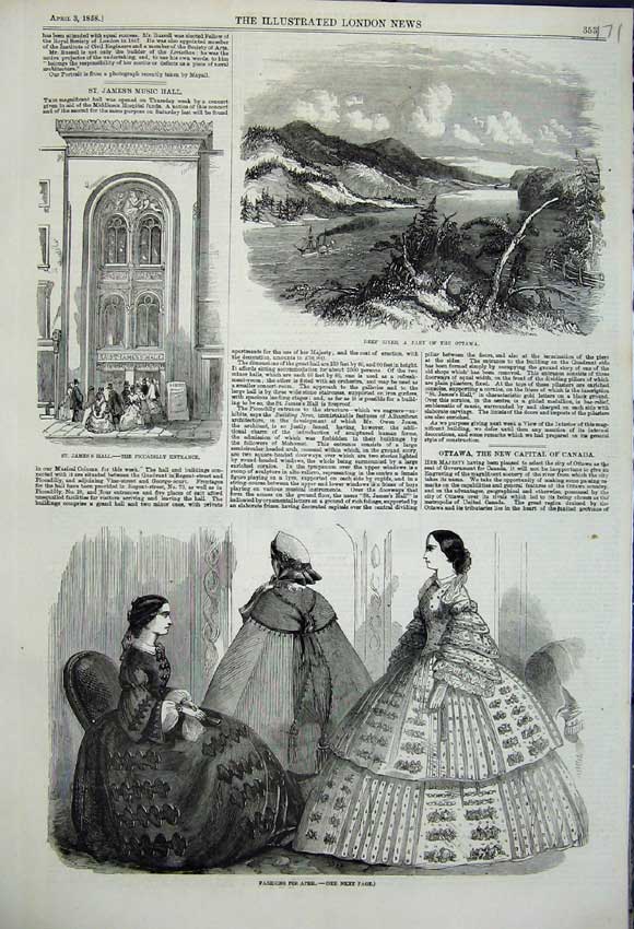 Old Antique Print St James'S Hall Deep River Ottawa Canada 1858 Fashion 19th