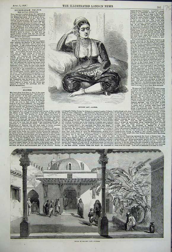 Original Old Antique Print Moorish Lady Algiers 1858 Court Maleki Cadi 1858