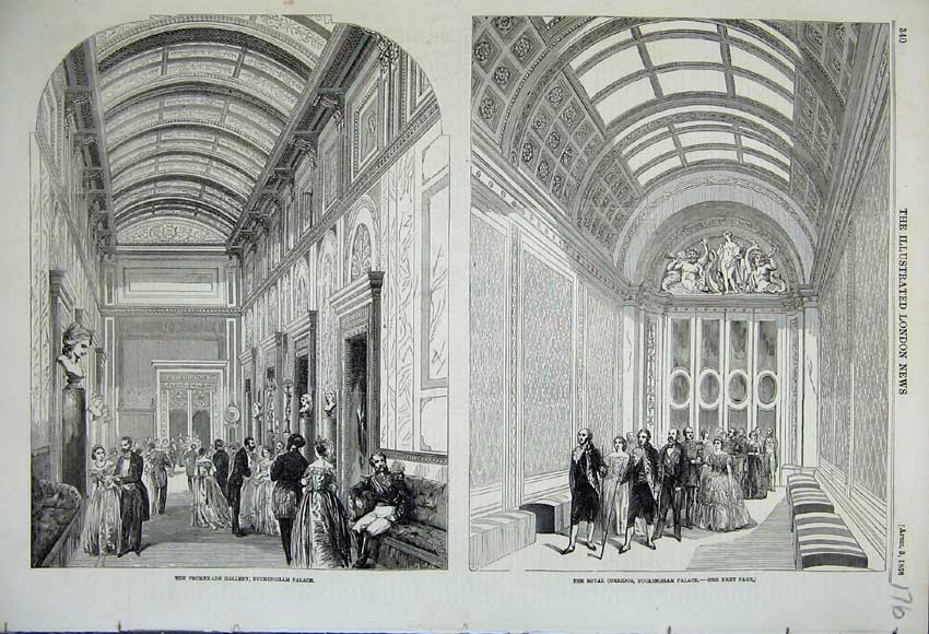 Old Antique Print 1858 Buckingham Palace Royal Corridor Promenade Gallery 19th