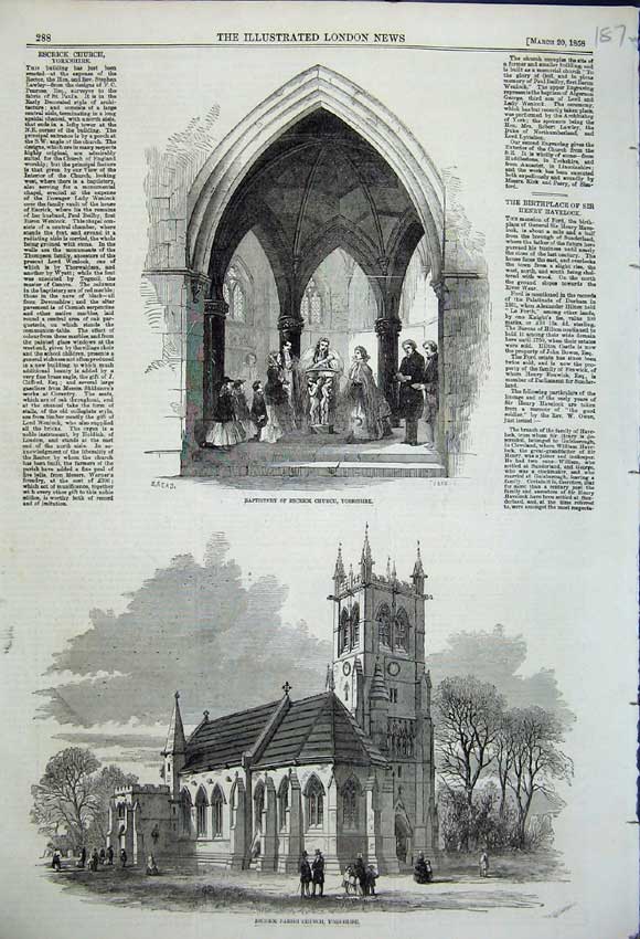 Original Old Antique Print Baptistery Escrick Parish Church Yorkshire 1858 19th