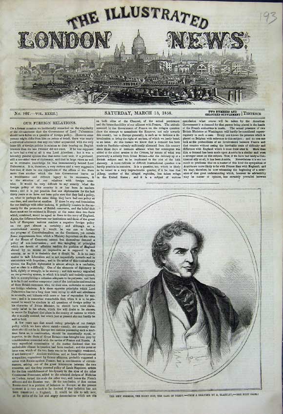 Original Old Antique Print New Premier Right Hon Earl Derby By Blaikley 1858