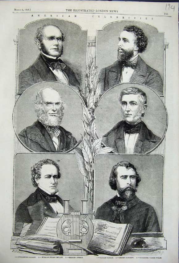 Original Old Antique Print American Celebs Bryant Bancroft Willis Anthon 1858