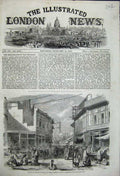 Original Old Antique Print Street Bazaar Peshawur Drawn Carpenter Street Scene