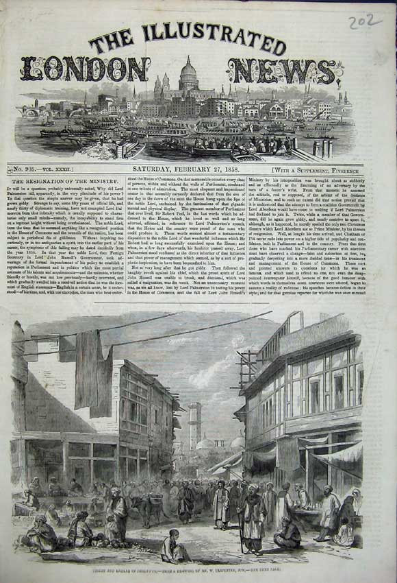 Original Old Antique Print Street Bazaar Peshawur Drawn Carpenter Street Scene