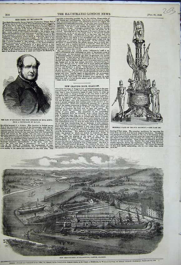 Old Antique Print Graving Dock Meadowside Partick Glasgow Earl Mulgrave