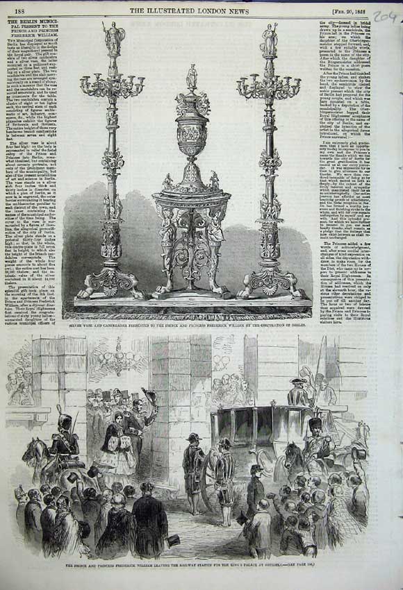 Original Old Antique Print Silver Vase Candelabra Frederick William Berlin 1858