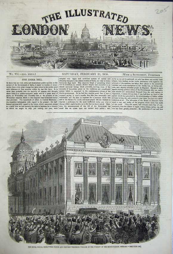 Original Old Antique Print Kings Palace Potsdam Window People In Streets 1858