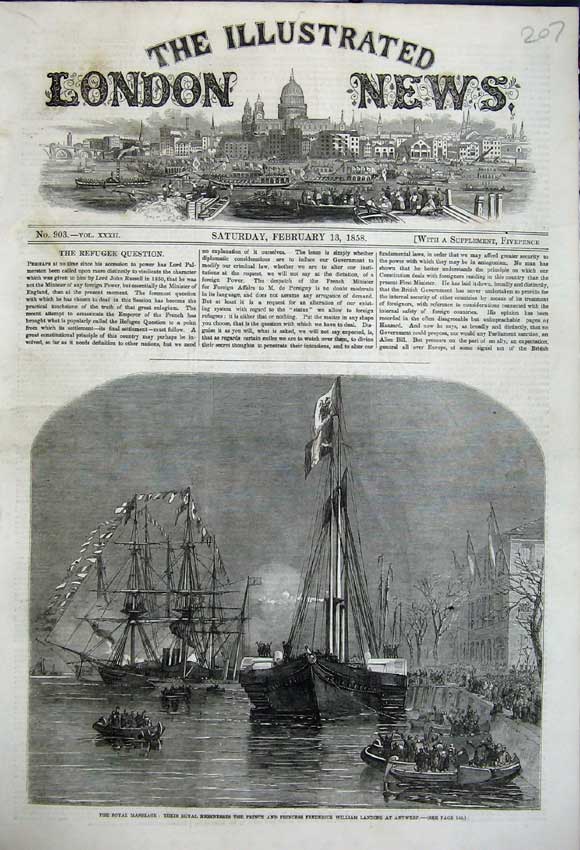 Original Old Antique Print 1858 Royal Marriage Frederick William Ship Antwerp