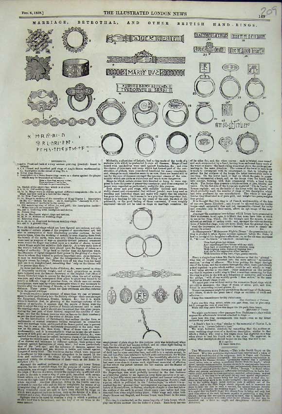 Original Old Antique Print Marriage Betrothal Other British Hand Rings 1858