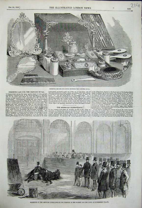 Original Old Antique Print Dressing Case Comb Brush Mirror American Horse Tamer