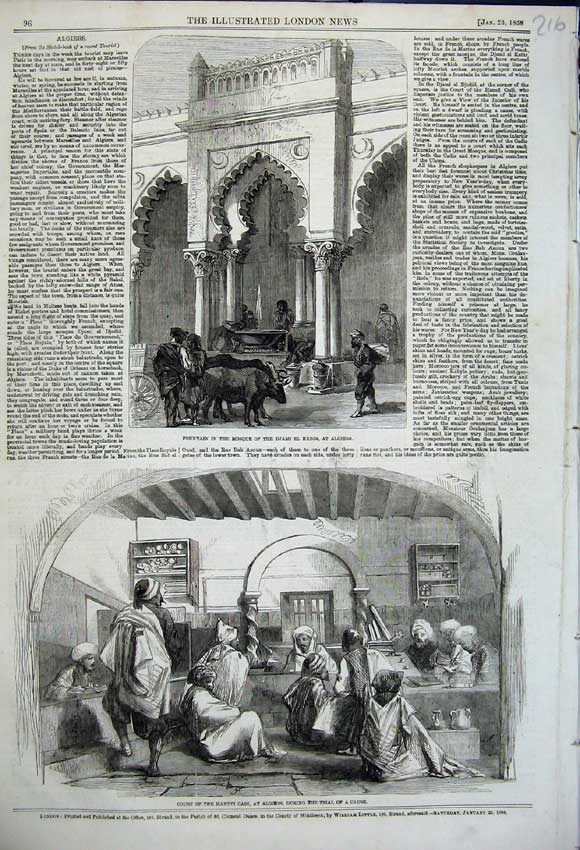 Old Antique Print Algiers Fountain Mosque Djami El Kebir Hanefi Cadi 1858 19th