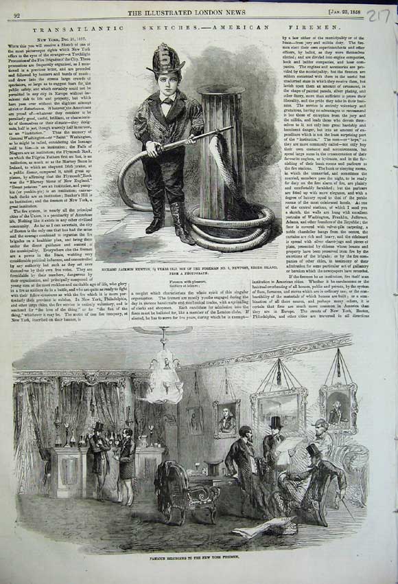 Original Old Antique Print American Fireman Richard Jackson NewmanYears