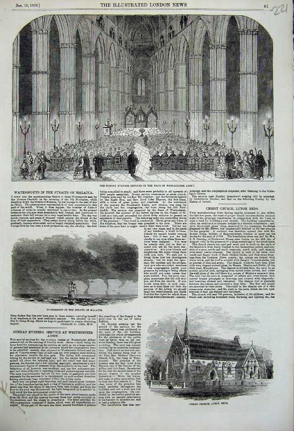 Original Old Antique Print Sunday Service Westminster Abbey Waterspouts Malacca