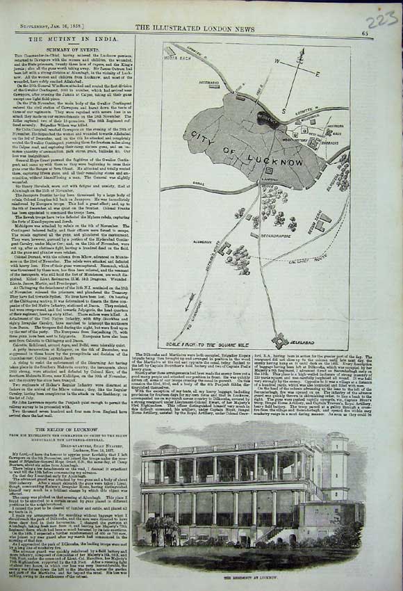 Original Old Antique Print Lucknow Inch Square Mile Map Residency Shah Nujjeep