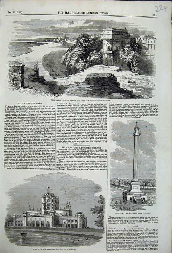 Original Old Antique Print Dehli After Siege Selimghur Jumna Constantia College