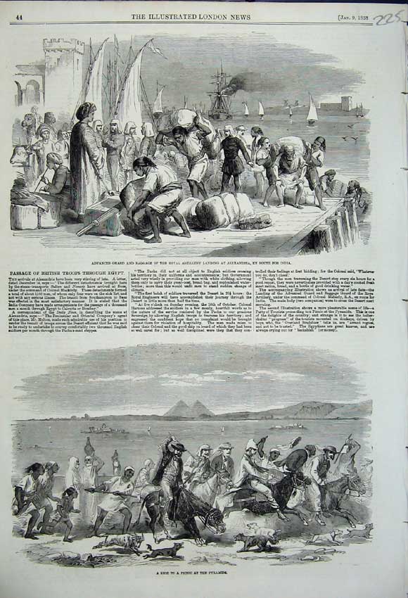 Original Old Antique Print Picnic Pyramids Passage British Troops Egypt 1858