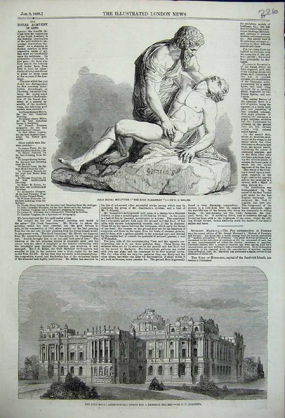Original Old Antique Print GMedal Sculpture Good Samaritan Gallery Design