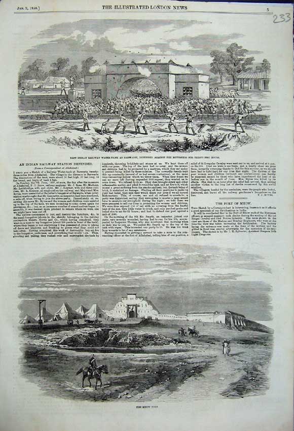 Original Old Antique Print Indian Railway Station Barwarie Fort Mhow 1858 19th